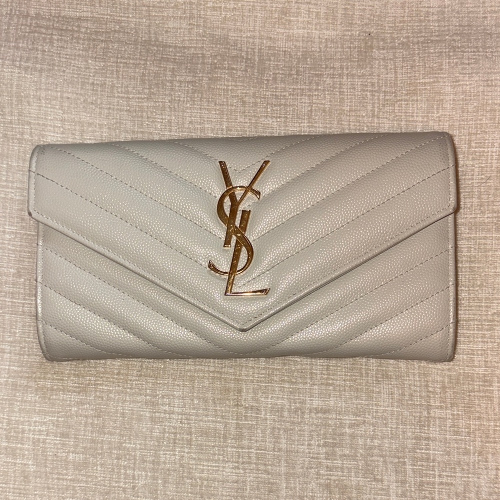 Saint Laurent Quilted White Leather Wallet Clutch with Gold YSL Emblem